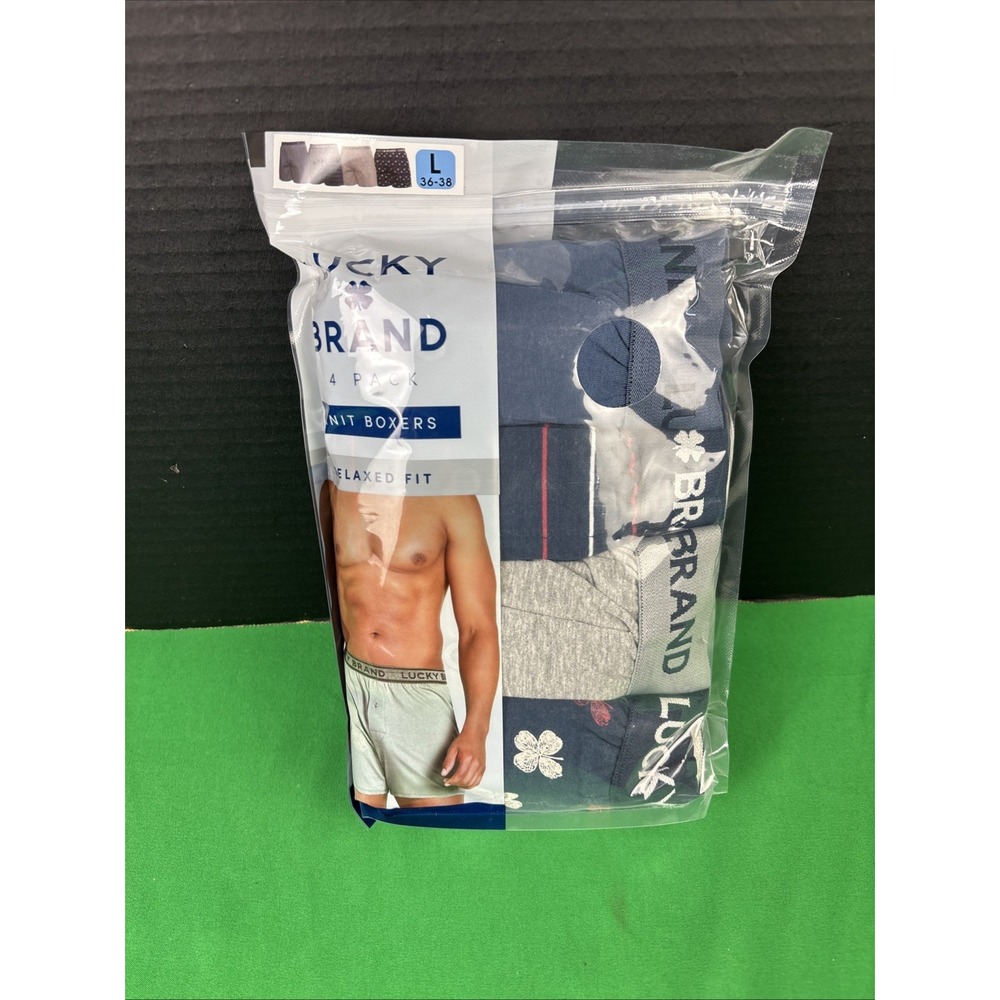 Lucky Brand Mens 4-Pack Knit Boxer Size Large Blue Grey Print Relaxed Fit NEW